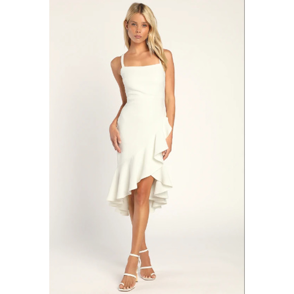 Lulus Dresses & Skirts - Lulu’s White Ruffled Bodycon Cocktail Dress Size L Sleeveless Mermaid Wedding